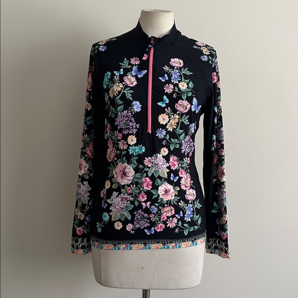 Johnny Was Floral Butterfly SURF SHIRT Swim Zip Up Golf Shirt sz Large NWT - Picture 2 of 7